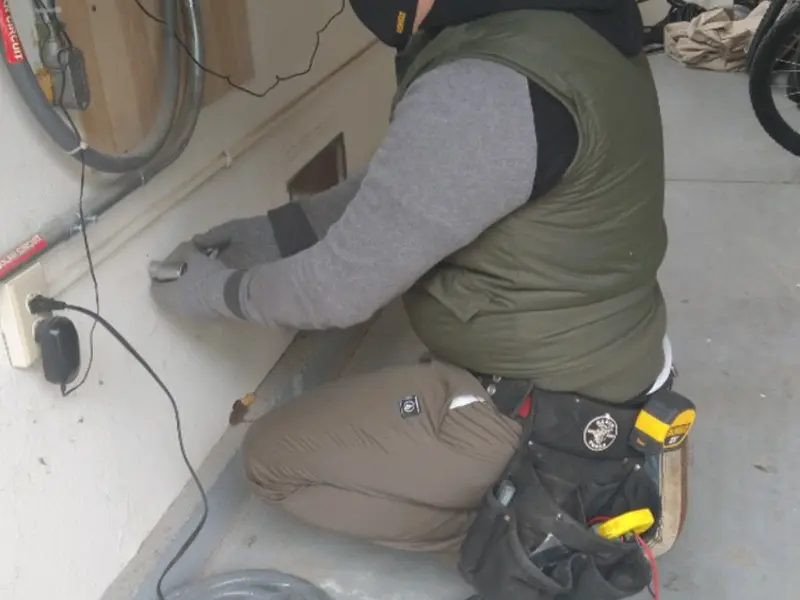 Electrician performing outlet wiring in a Jerome garage